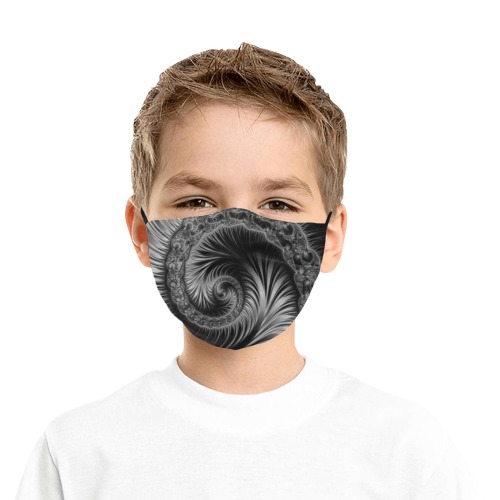 Black and Silver Spiral Fractal Abstract Pleated Mouth Mask for Kids (Model M08)