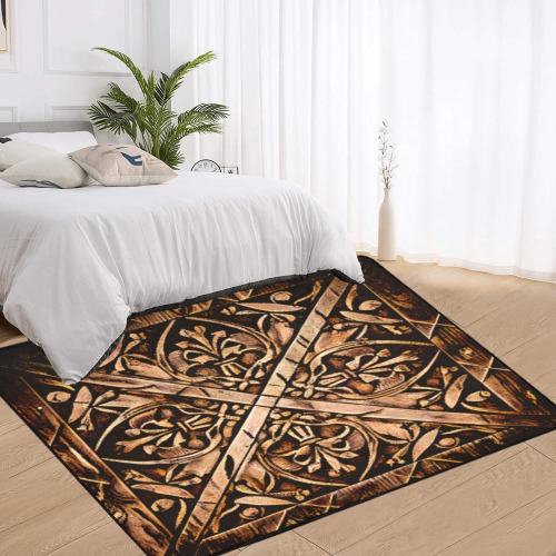 intricate pattern, wood brown Area Rug with Black Binding 7'x5'