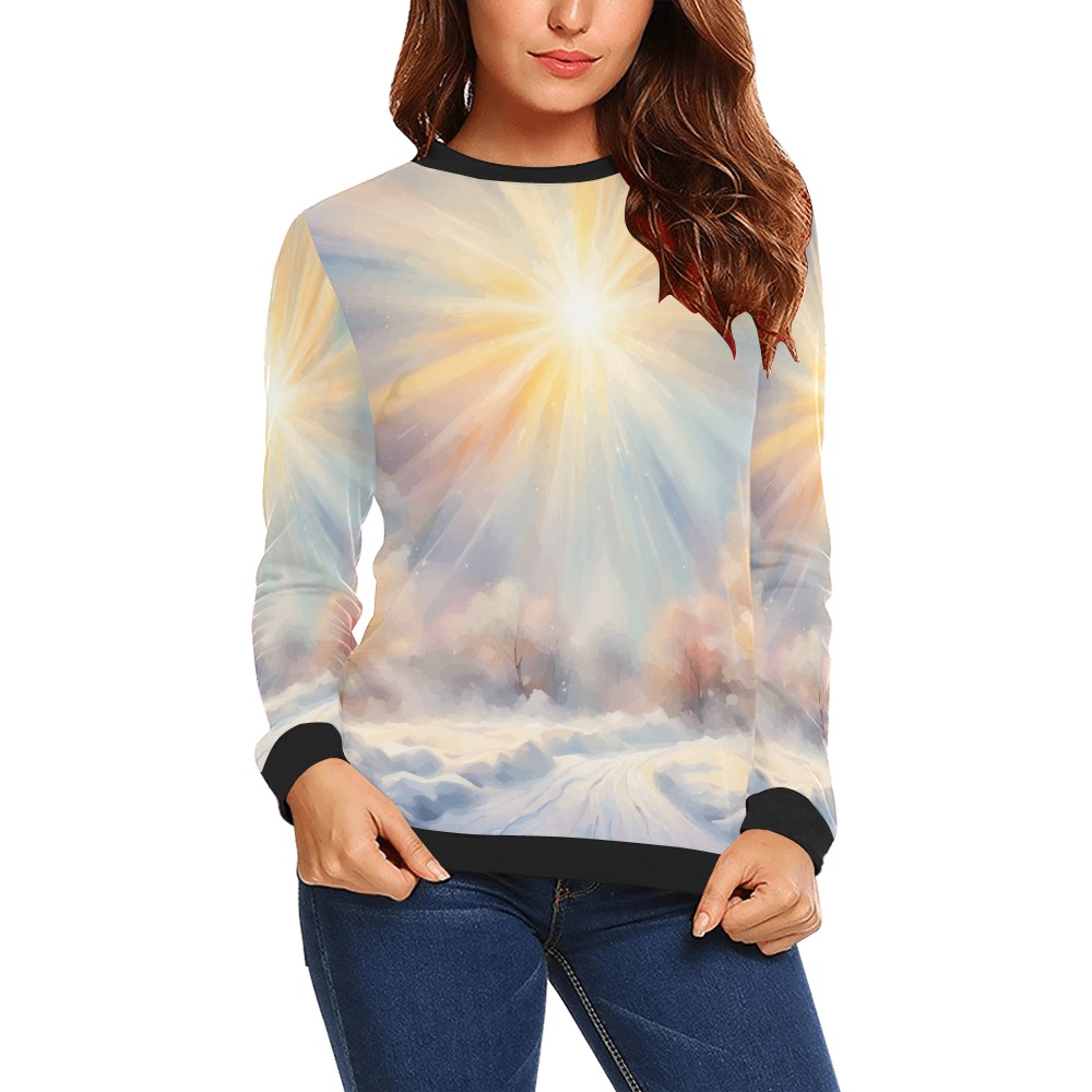 Magical sun is shining over the winter road art All Over Print Crewneck Sweatshirt for Women (Model H18)