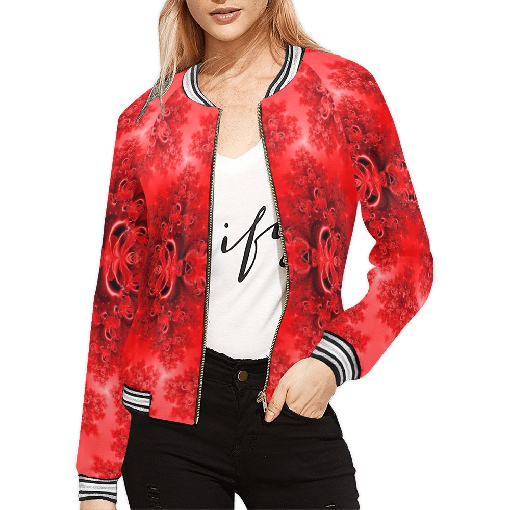Fiery Red Rose Garden Frost Fractal All Over Print Bomber Jacket for Women (Model H21)