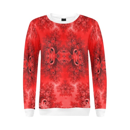 Fiery Red Rose Garden Frost Fractal All Over Print Crewneck Sweatshirt for Women (Model H18)