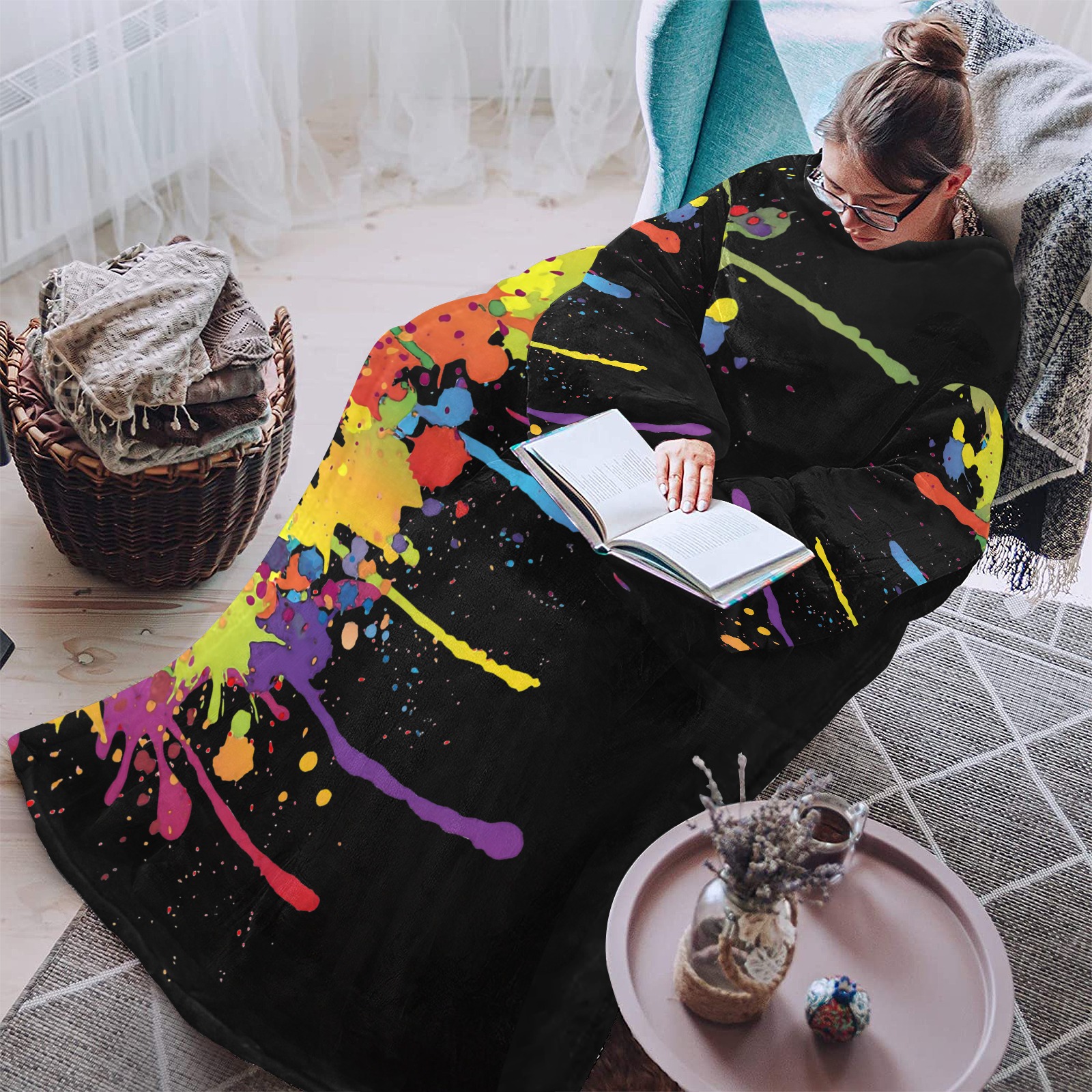 Crazy multicolored running SPLASHES Blanket Robe with Sleeves for Adults