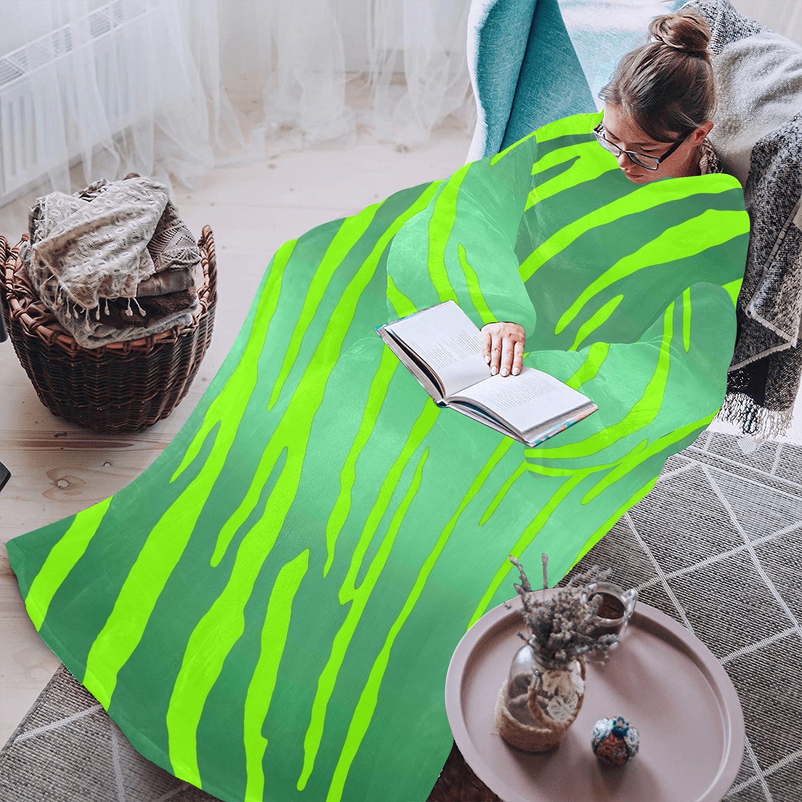 Metallic Tiger Stripes Greens Blanket Robe with Sleeves for Adults