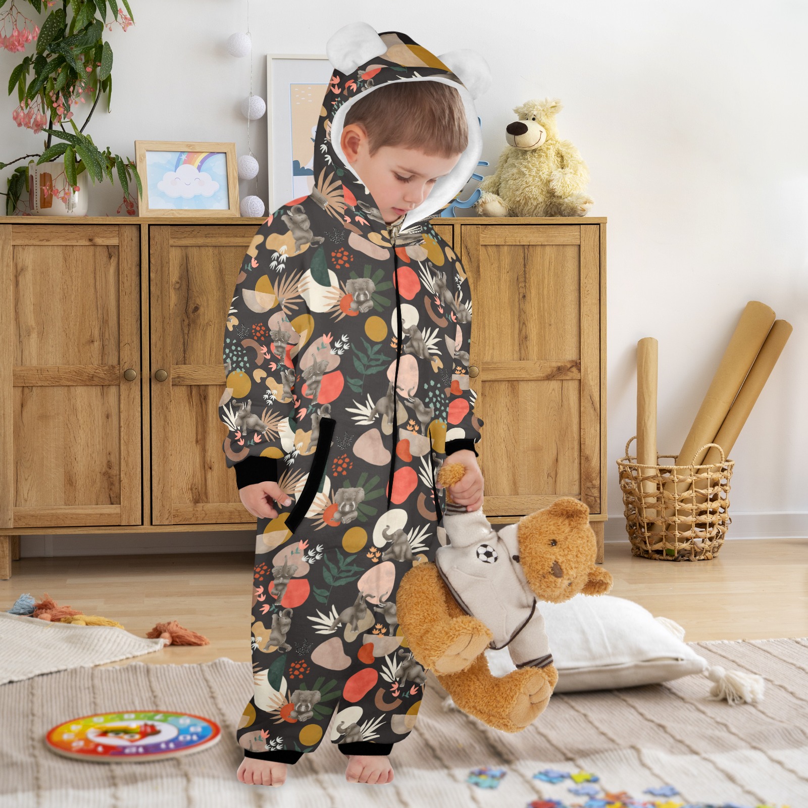 Elephant yoga in abstract nature 01 One-Piece Zip up Hooded Pajamas for Little Kids