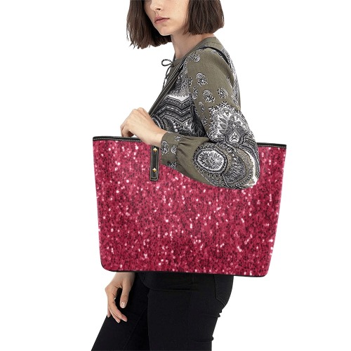 Magenta dark pink red faux sparkles glitter Chic Leather Tote Bag (Model 1709)