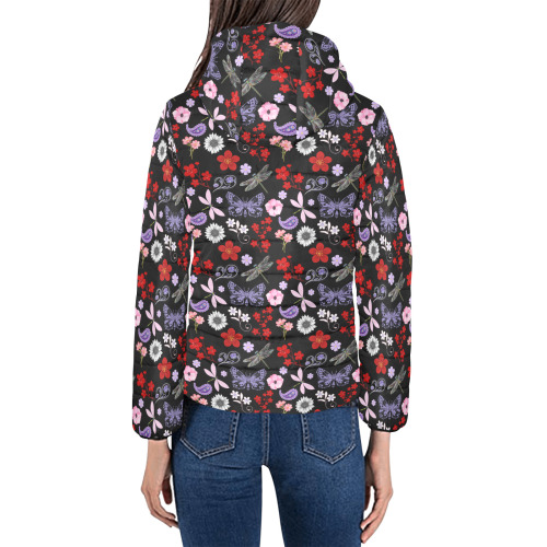 Black, Red, Pink, Purple, Dragonflies, Butterfly and Flowers Design Women's Padded Hooded Jacket (Model H46)
