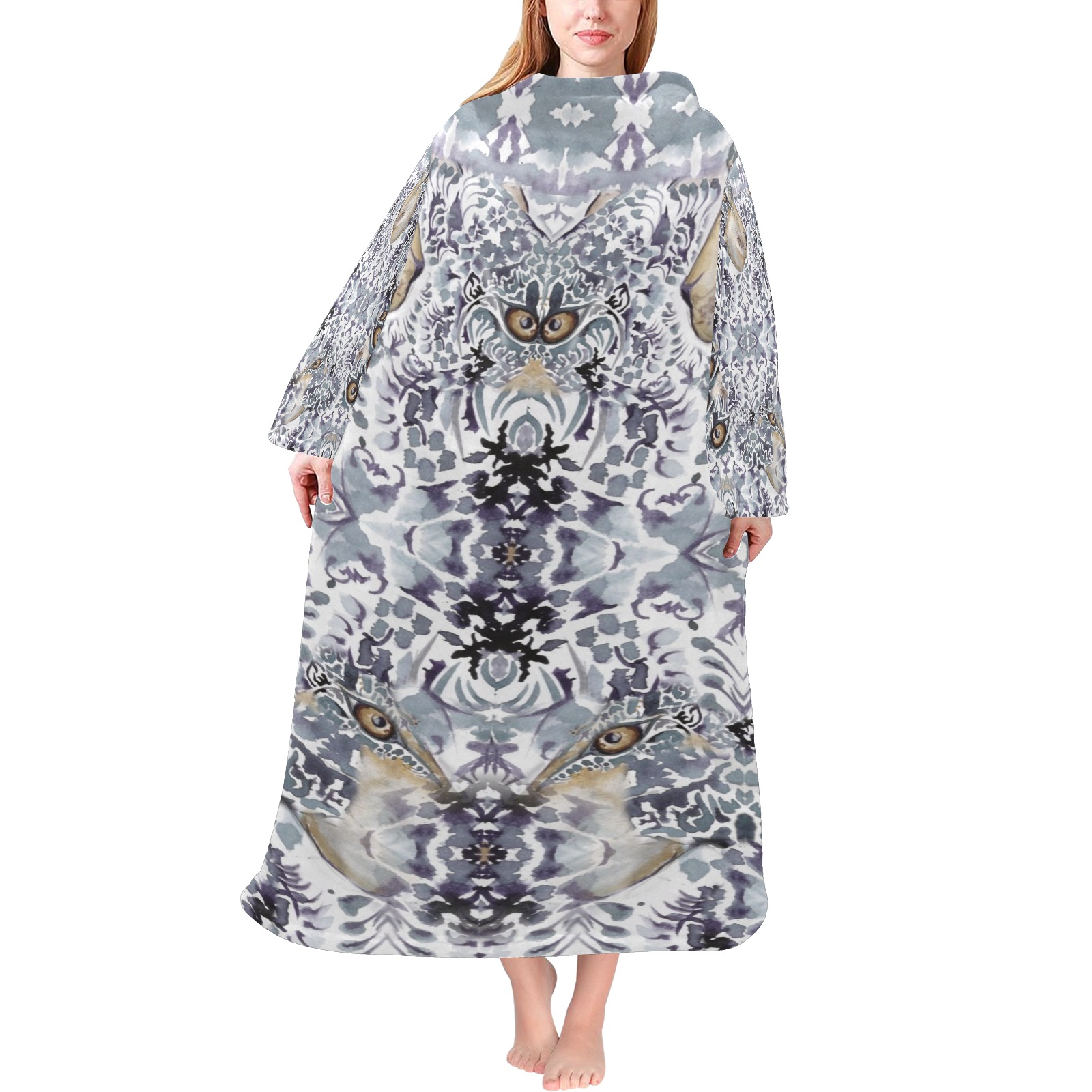 Nidhi December 2014-pattern 4-gray-44x55inches Blanket Robe with Sleeves for Adults