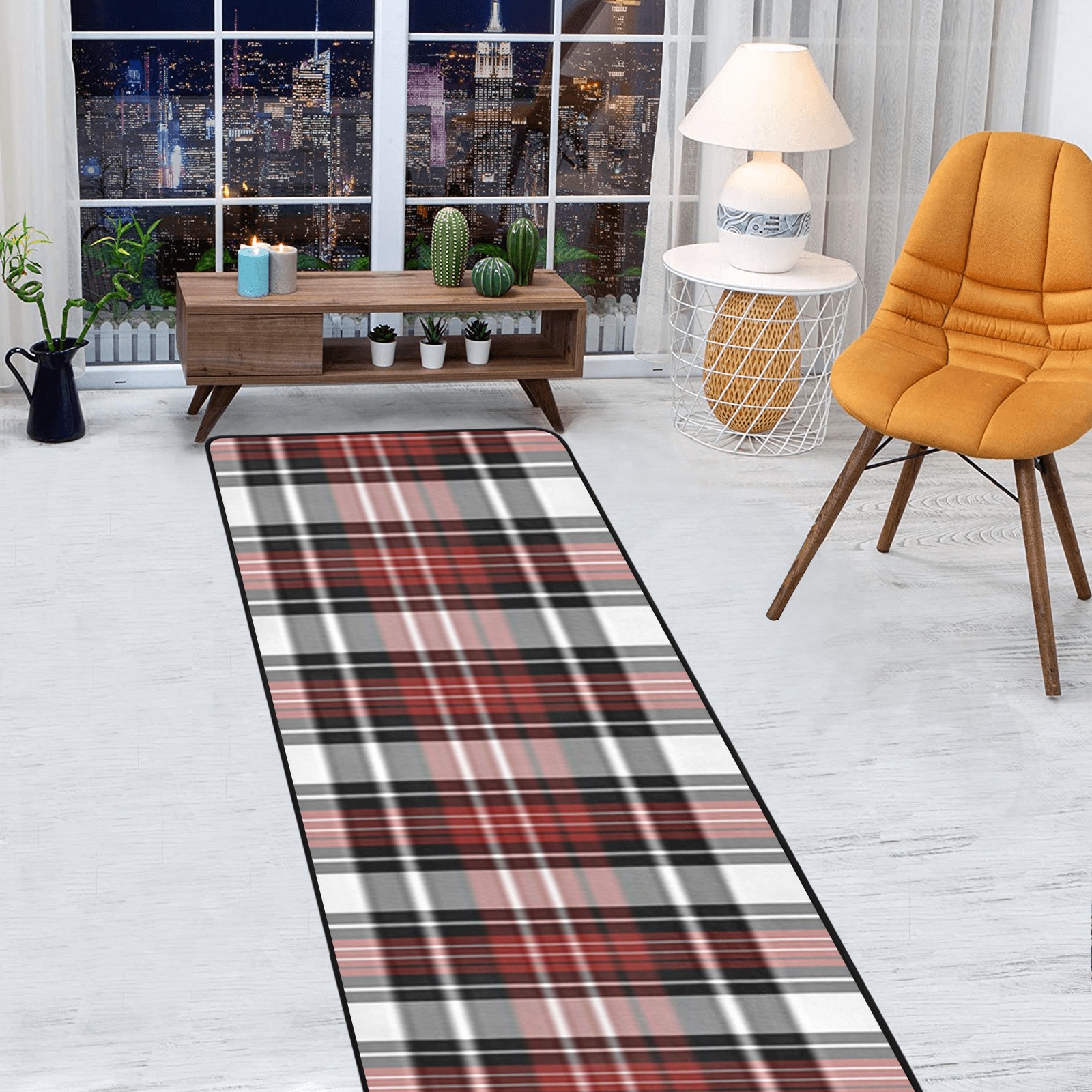 Red Black Plaid Area Rug with Black Binding 9'6''x3'3''