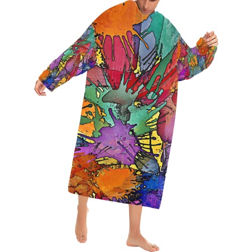 Multicolored_Splashes Black Contour Blanket Robe with Sleeves for Adults