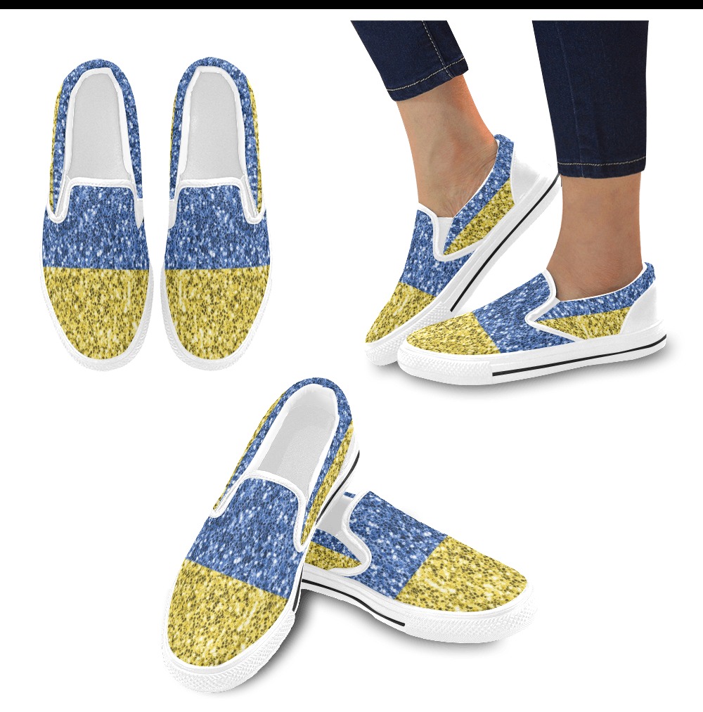 Blue yellow Ukraine flag glitter faux sparkles Women's Slip-on Canvas Shoes (Model 019)