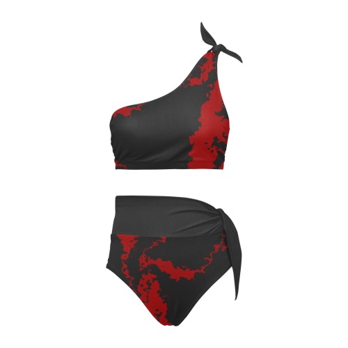 Charcoal and Red High Waisted One Shoulder Bikini Set (Model S16)