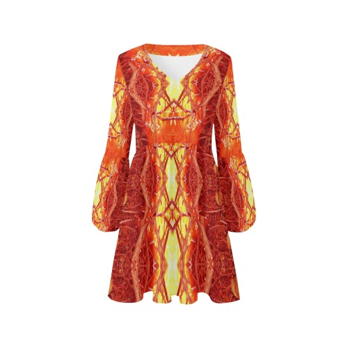 Abstract Fire V-Neck Loose Fit Dress (Model D62)