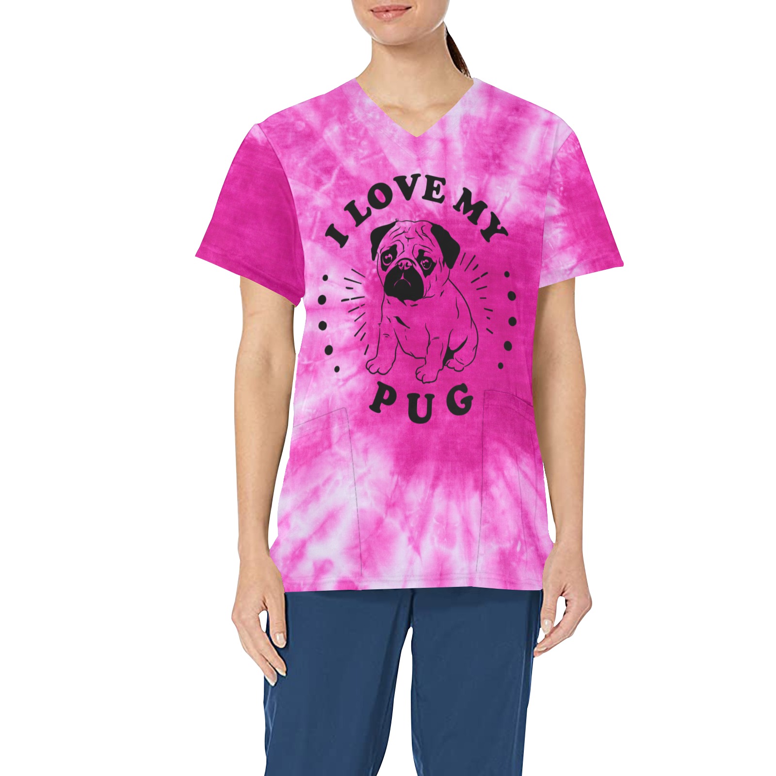 I Love my Pug Pink Tie Dye All Over Print Scrub Top