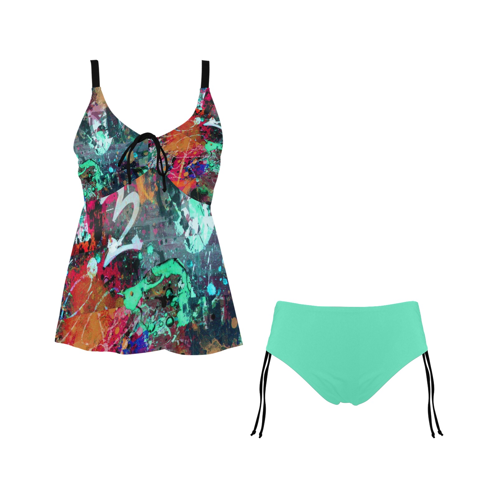Graffiti and Paint Splatter - Aqua Chest Drawstring Swim Dress (Model S30)