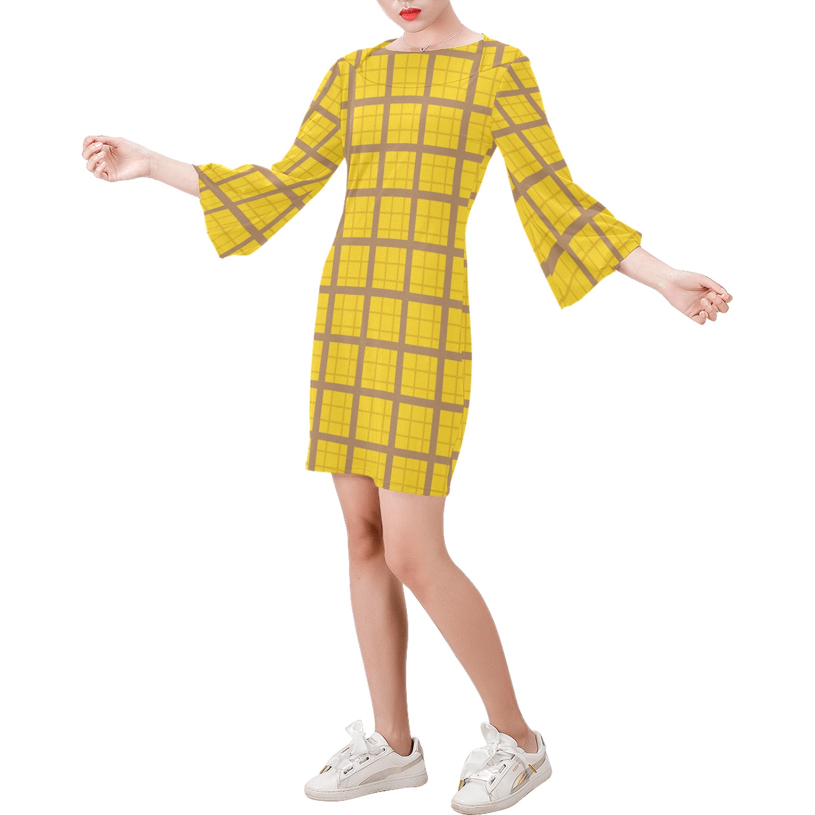 mustard and brown Bell Sleeve Dress (Model D52)