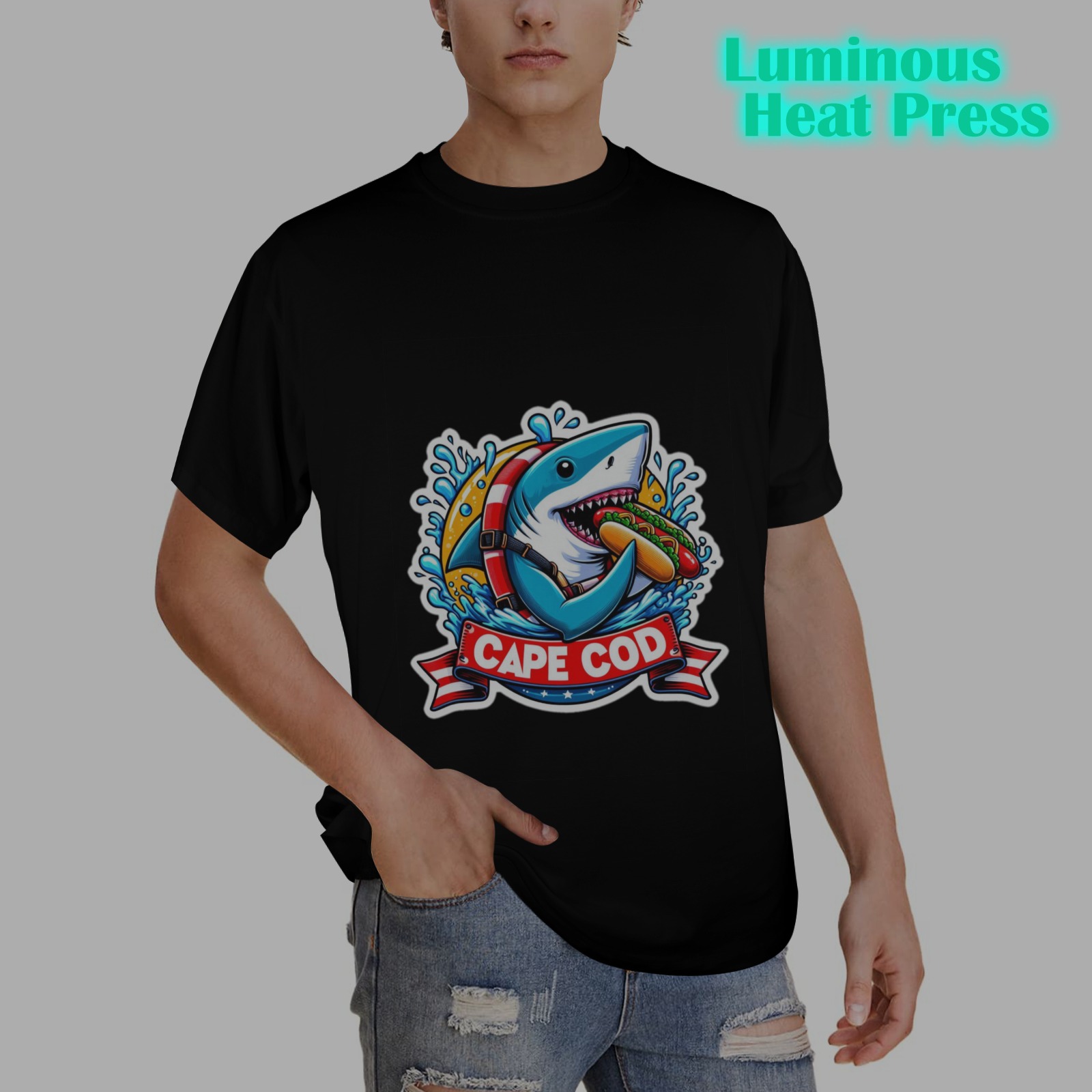 CAPE COD-GREAT WHITE EATING HOT DOG Men's Glow in the Dark T-shirt (Front Printing)