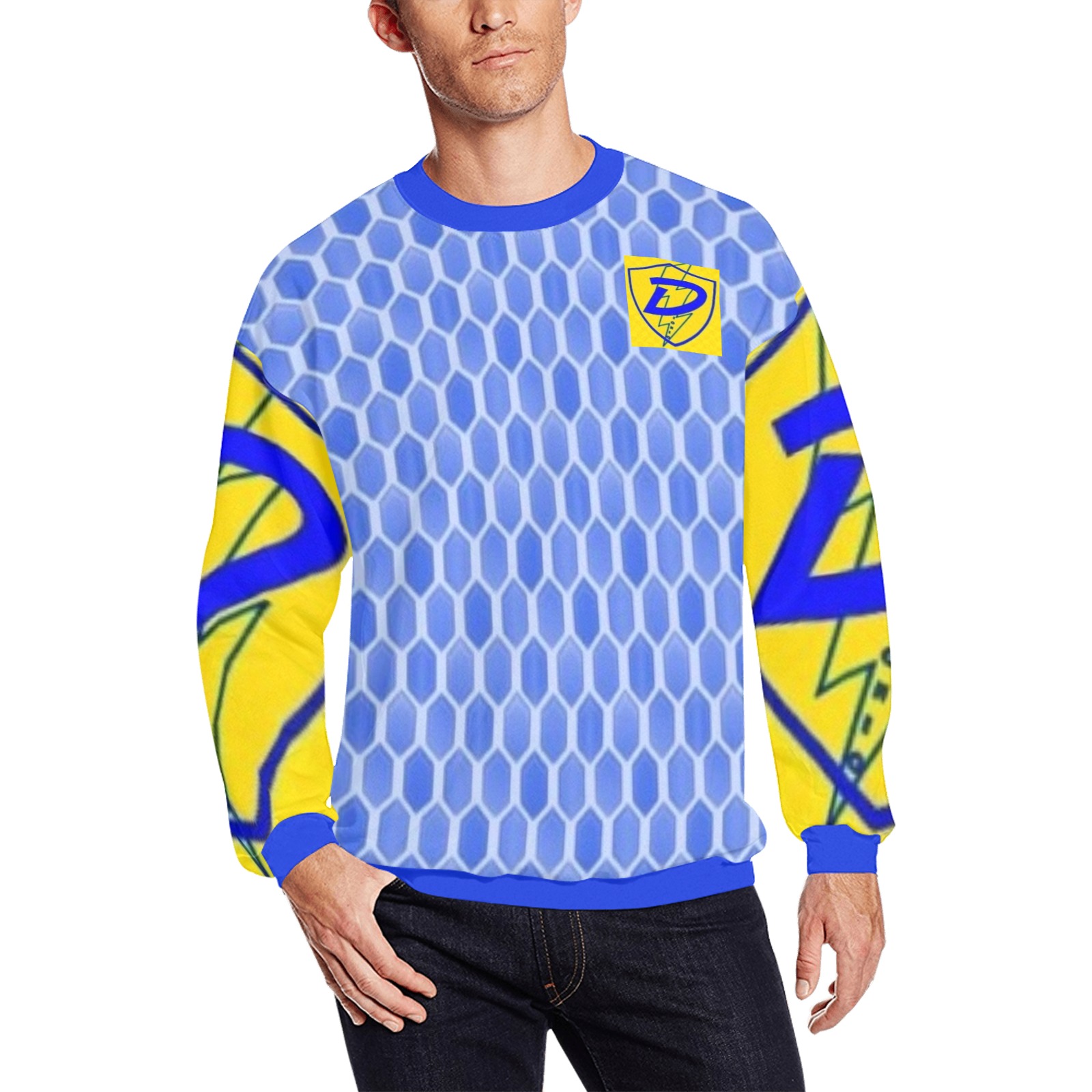 DIONIO Clothing - Motorcycle Fetish Ice Diamond Sweatshirt (Blue & Yellow D Shield Logo) Men's Oversized Fleece Crew Sweatshirt (Model H18)
