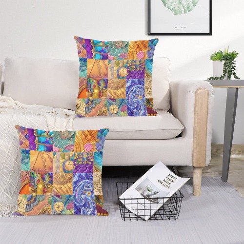 Boho Aesthetic Simulated Quilt Artwork Linen Zippered Pillowcase 18"x18"(Two Sides&Pack of 2)