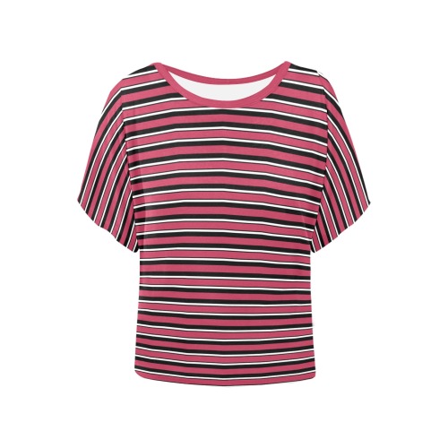 Magenta, Black and White Stripes Women's Batwing-Sleeved Blouse T shirt (Model T44)