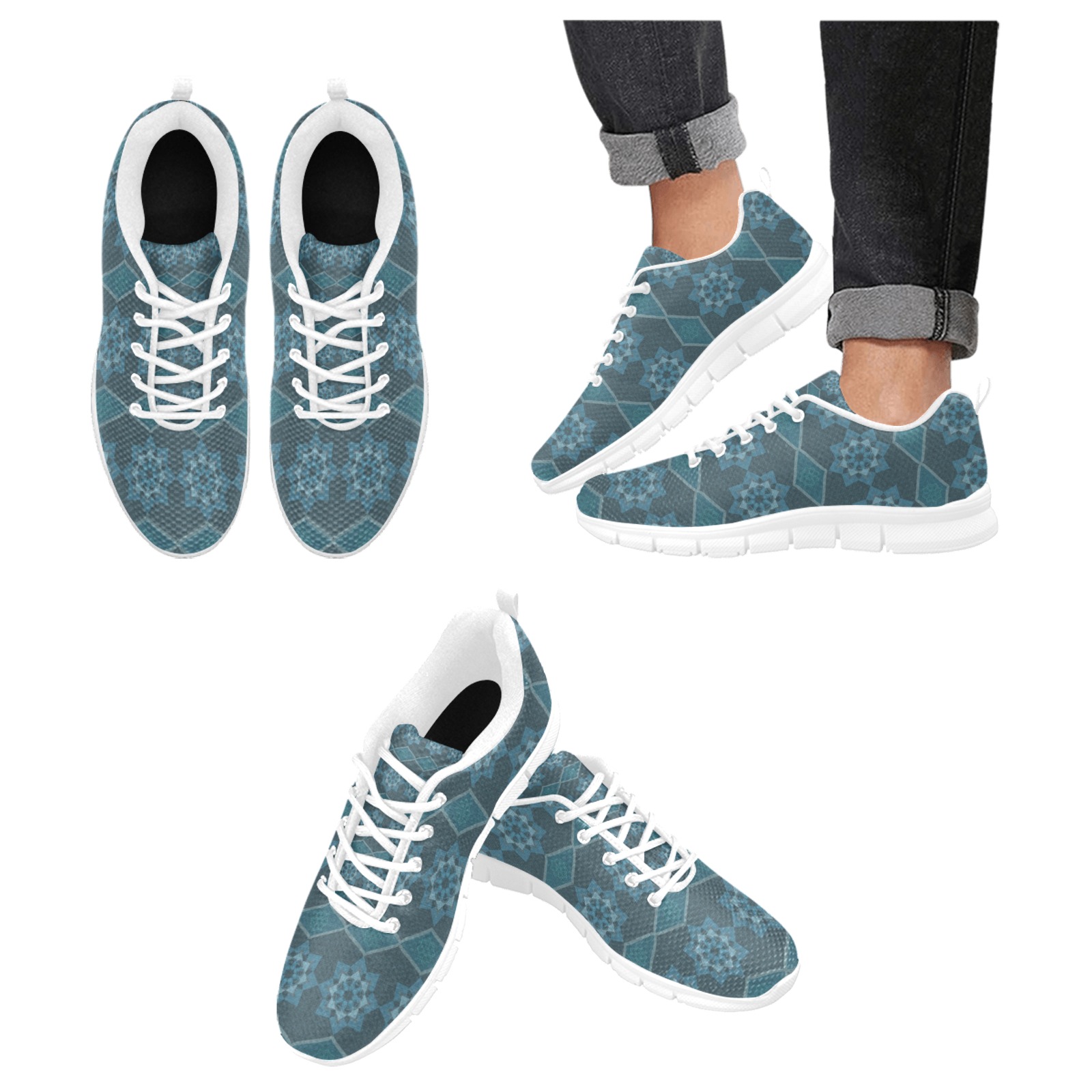 Turquoise Leafy floral Octagon and Diagonal pattern Women's Breathable Running Shoes (Model 055)