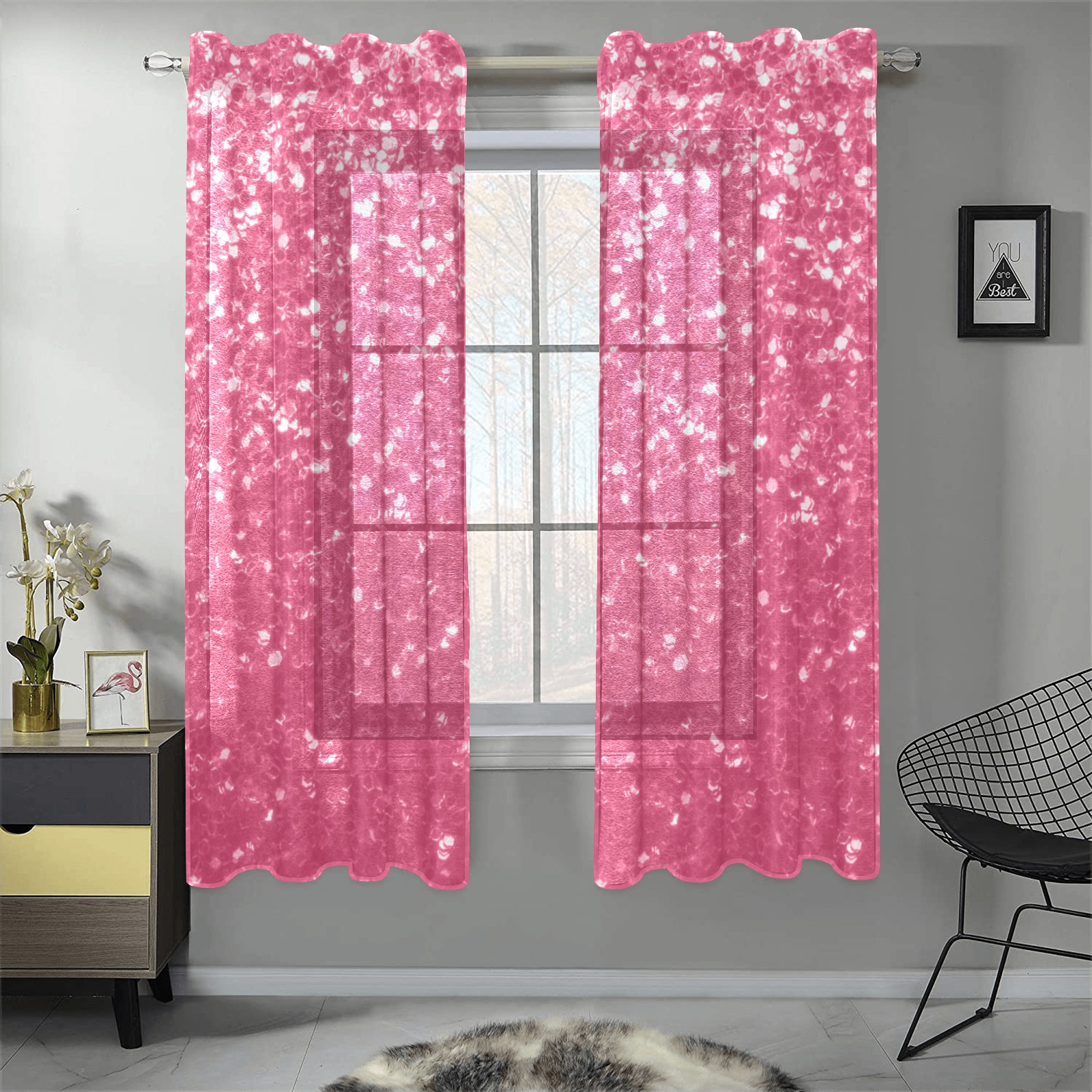 Magenta light pink red faux sparkles glitter Gauze Curtain 28"x63" (Two-Piece)