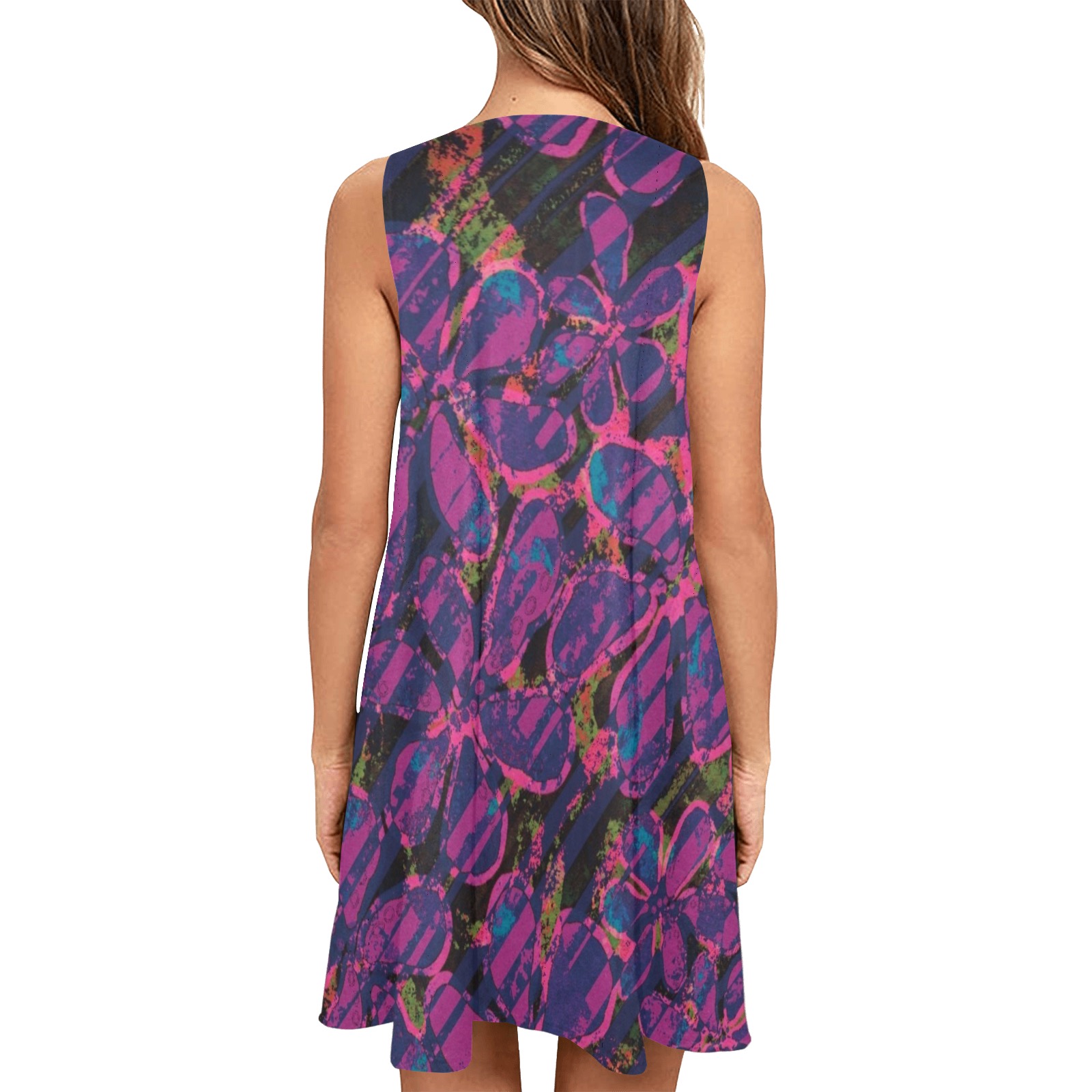 Abstract floral Sleeveless A-Line Pocket Dress (Model D57)