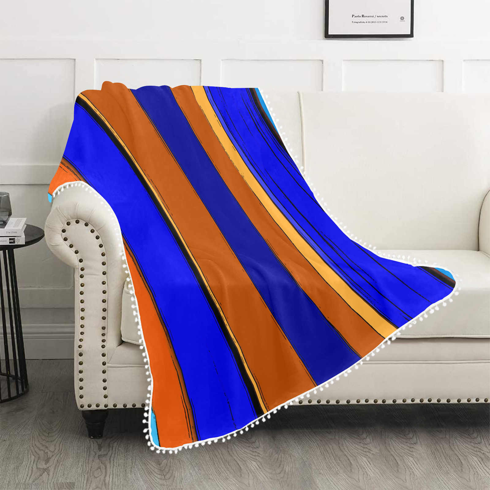 Abstract Blue And Orange 930 Pom Pom Fringe Blanket 50"x60"