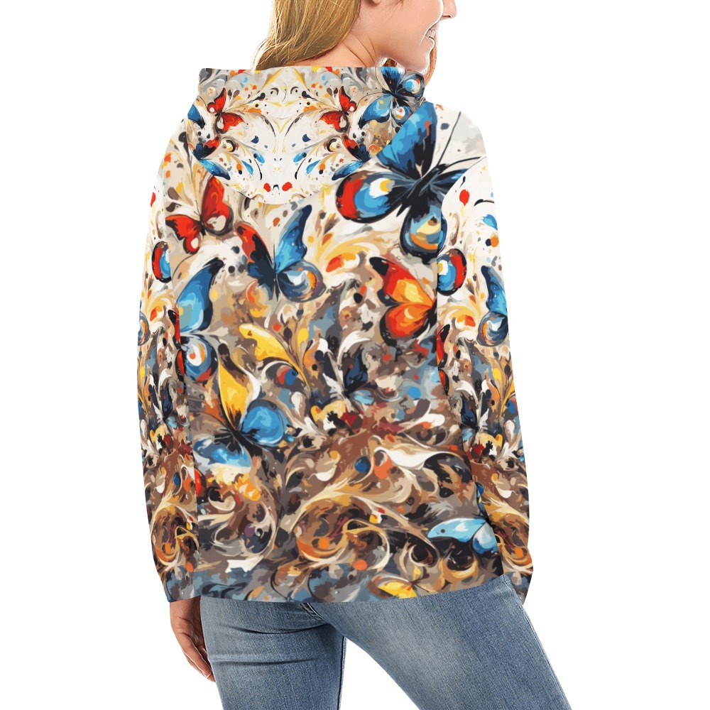 Colorful fantasy of blue and red butterflies All Over Print Hoodie for Women (USA Size) (Model H13)