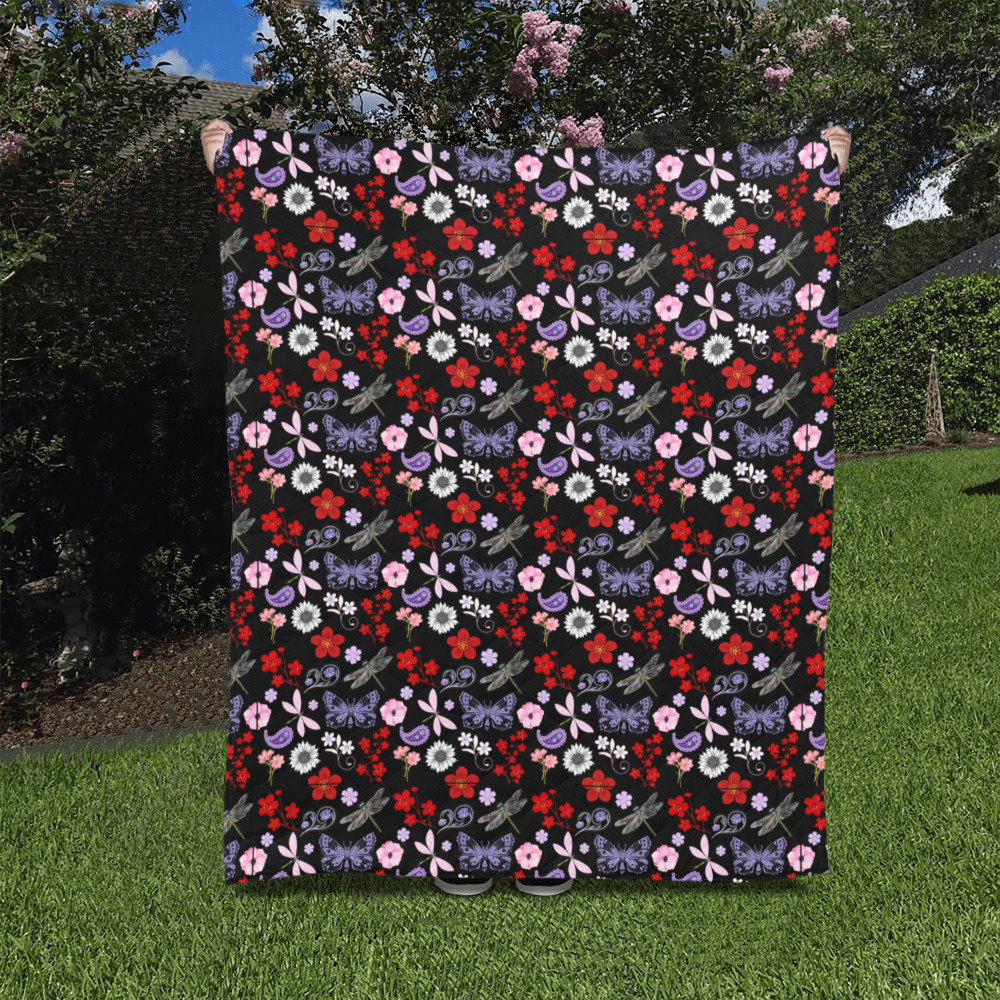 Black, Red, Pink, Purple, Dragonflies, Butterfly and Flowers Design Quilt 50"x60"