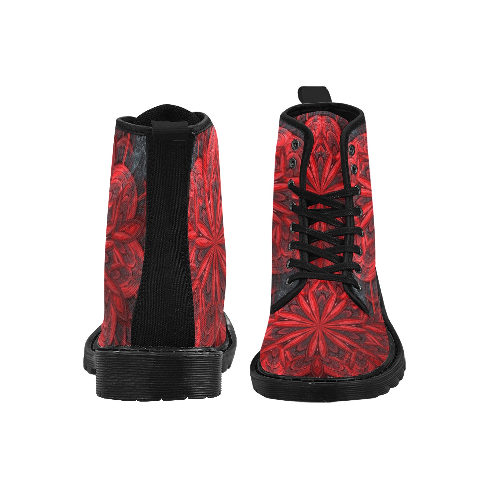 Red Flower on the Black Lava Fractal Kaleidoscope Mandala Abstract Martin Boots for Women (Black) (Model 1203H)