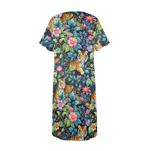 Jungle Tigers and Tropical Flowers Pattern Women's Button Front House Dress