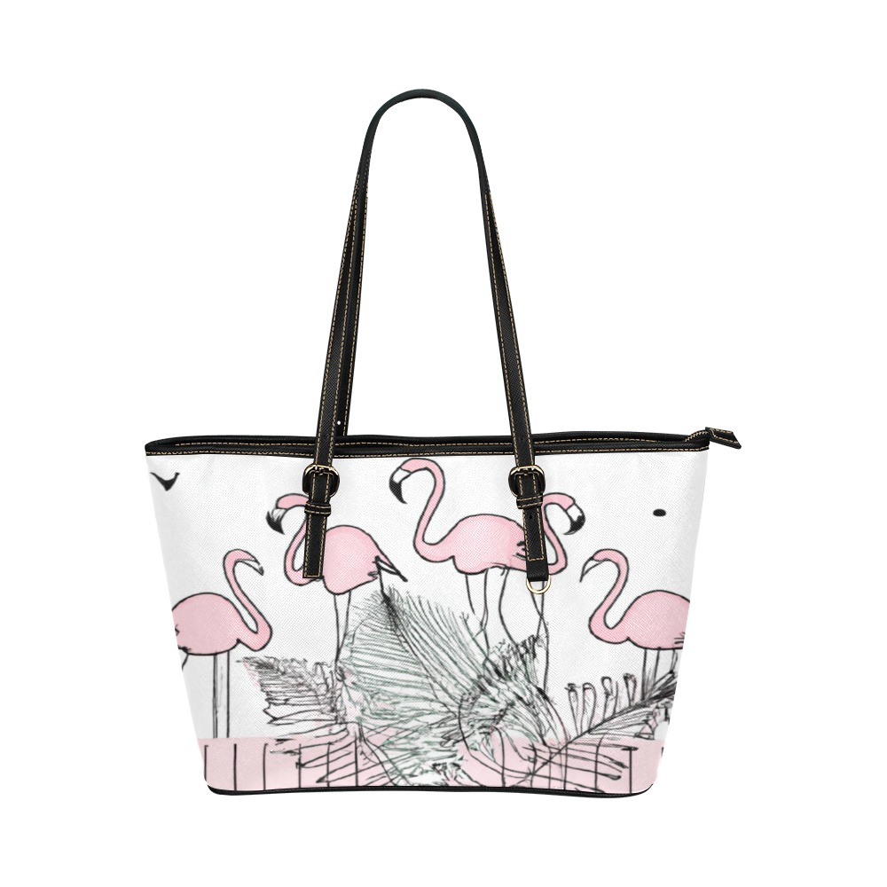 flamingos and ferns Leather Tote Bag/Large (Model 1651)
