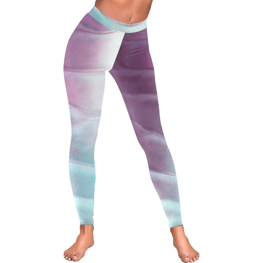 Turquoise and purple paint waves Women's Low Rise Leggings (Invisible Stitch) (Model L05)