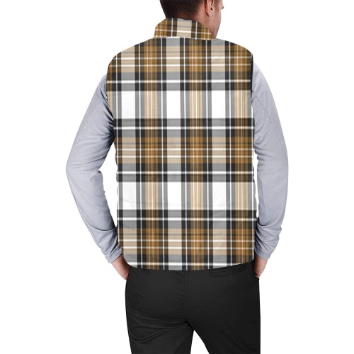 Brown Black Plaid Men's Padded Vest Jacket (Model H44)