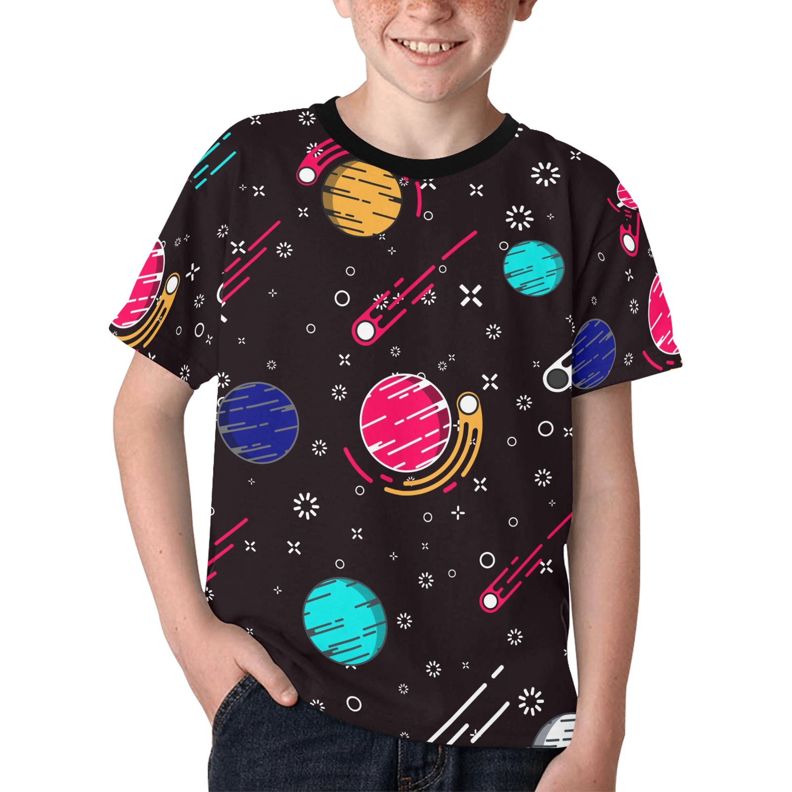Lovely outer space planets vector flat seamless pattern with asteroid, comet, stars Boys T Shirt Kids' All Over Print T-shirt (Model T65)