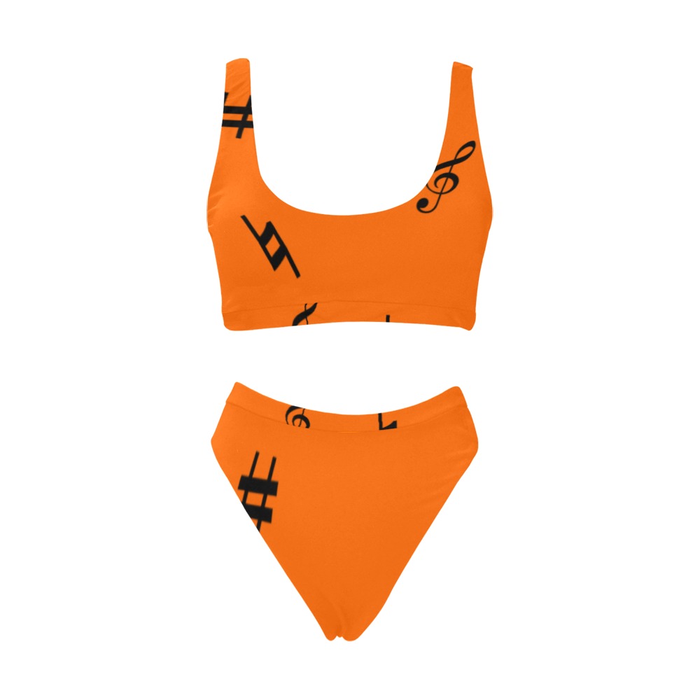 Black Musical Notes orange Sport Top & High-Waisted Bikini Swimsuit (Model S07)