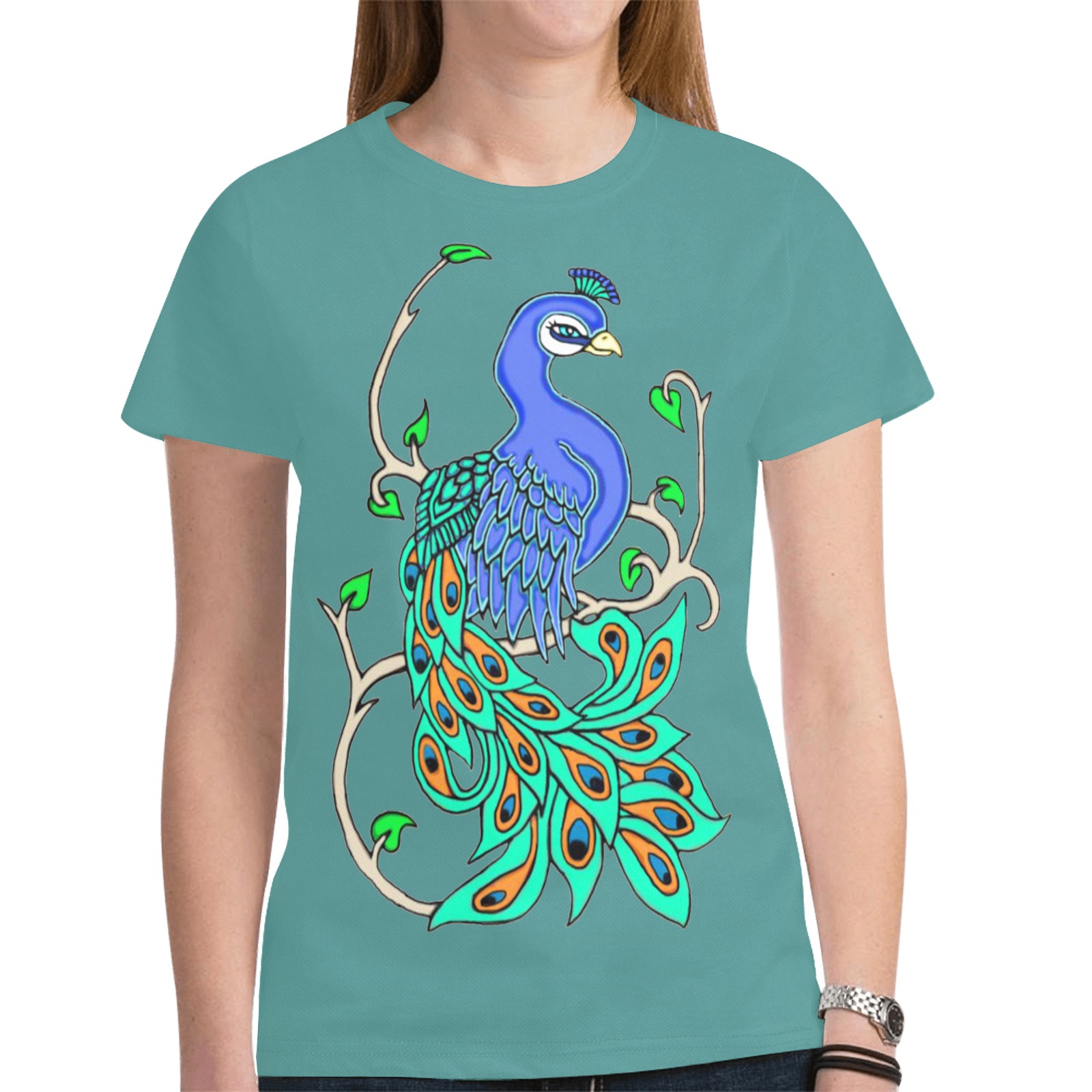 Pretty Peacock Jade Green New All Over Print T-shirt for Women (Model T45)