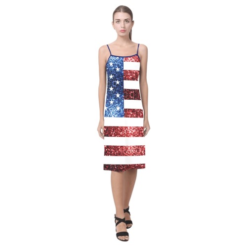 Sparkly USA flag America Red White Blue faux Sparkles patriotic bling 4th of July Alcestis Slip Dress (Model D05)