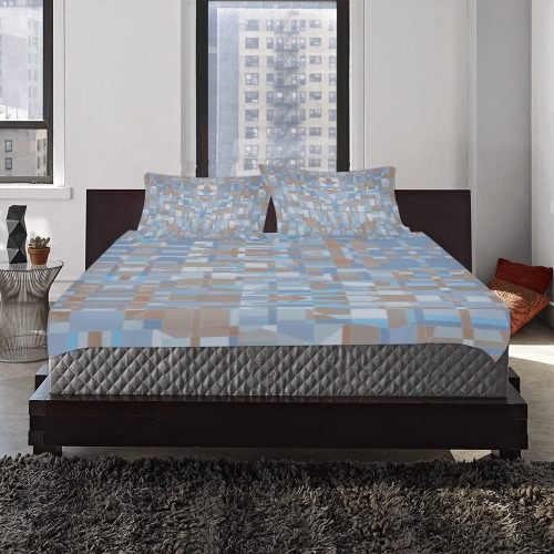 Light Gray and Blue Mosaic 3-Piece Bedding Set