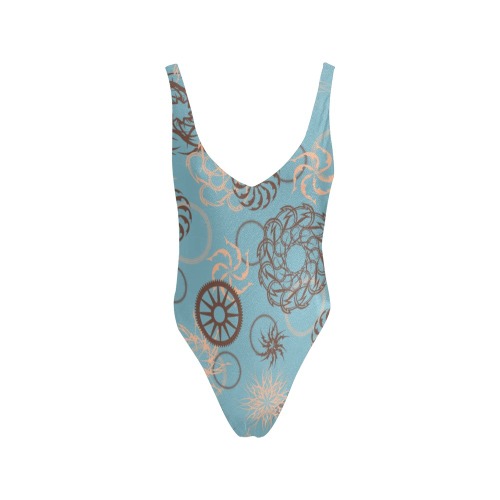Abstract Spirals and Wheels on Blue Sexy Low Back One-Piece Swimsuit (Model S09)