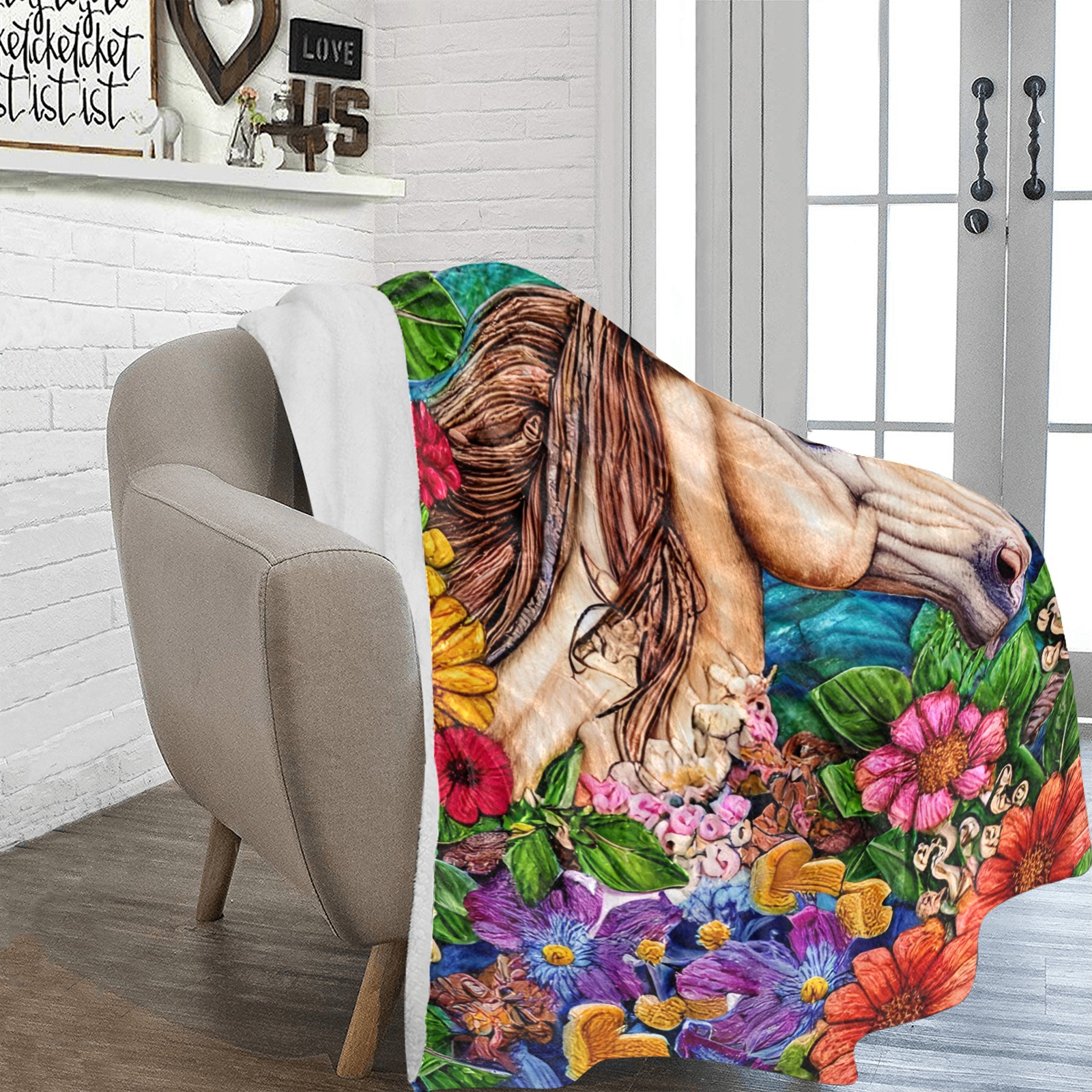 Boho Simulated Quilt Horse Artwork Ultra-Soft Micro Fleece Blanket 70''x80''