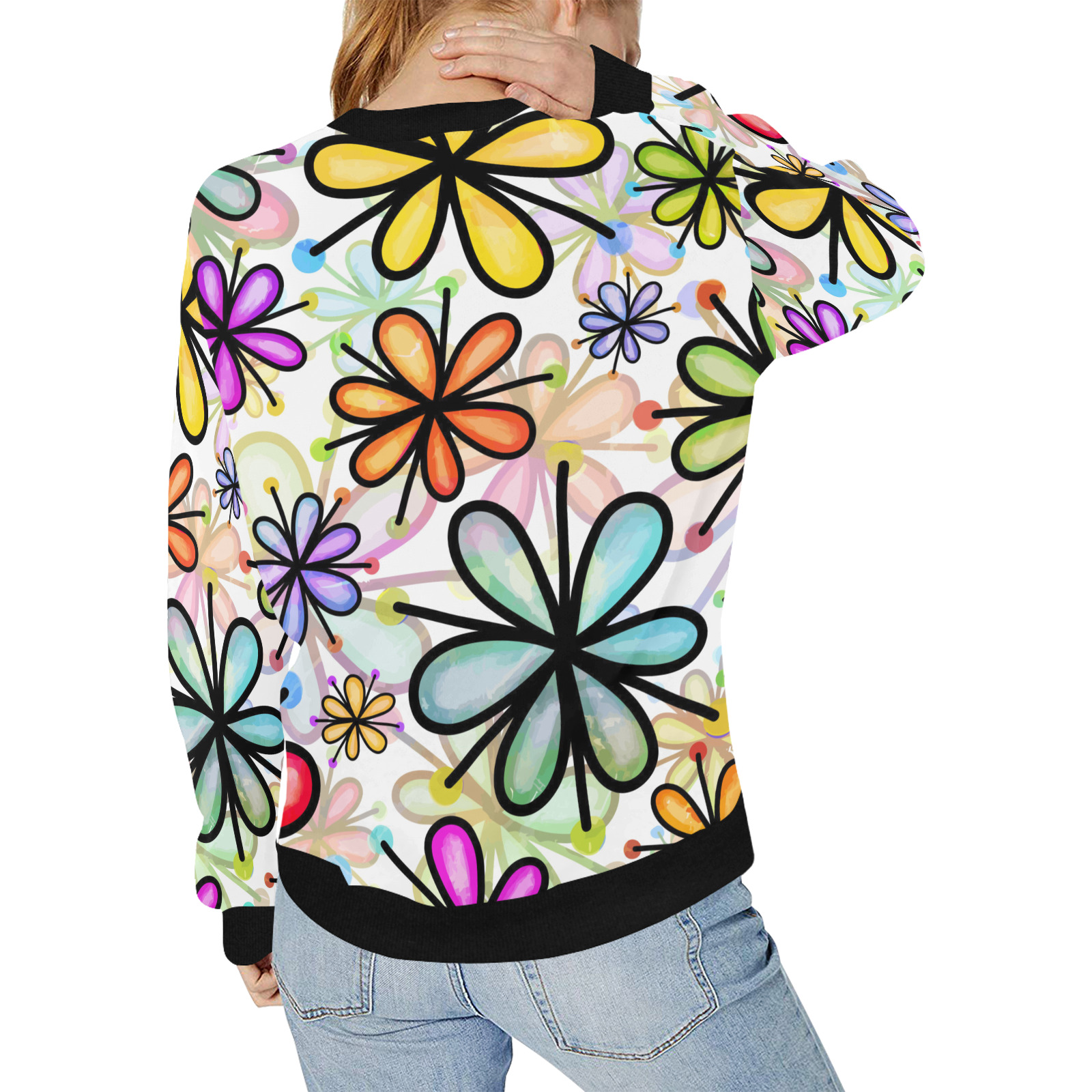 Watercolor Rainbow Doodle Daisy Flower Pattern Women's Rib Cuff Crew Neck Sweatshirt (Model H34)