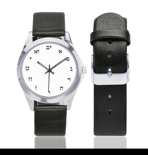 white hebrew letters for watches Unisex Silver-Tone Round Leather Watch (Model 216)