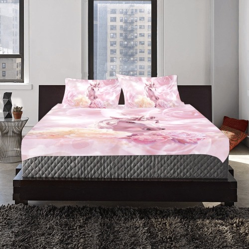 Unicorn and Pink Roses 3-Piece Bedding Set