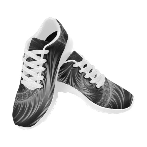 Black and Silver Spiral Fractal Abstract Kid's Running Shoes (Model 020)