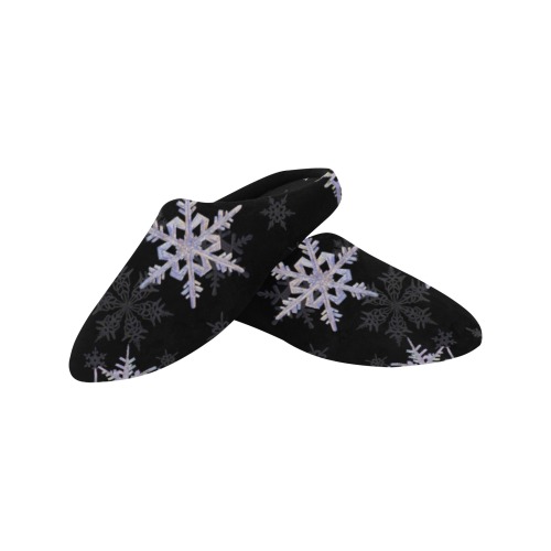 Snowflakes Winter Christmas pattern on black Women's Non-Slip Cotton Slippers (Model 0602)