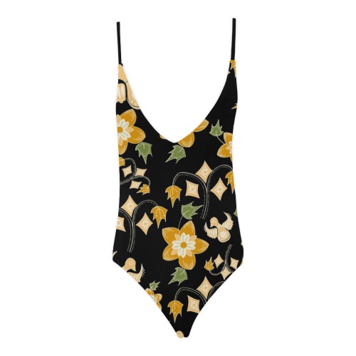 ONE-PIECE BLACK FLORAL YELLOW Sexy Lacing Backless One-Piece Swimsuit (Model S10)