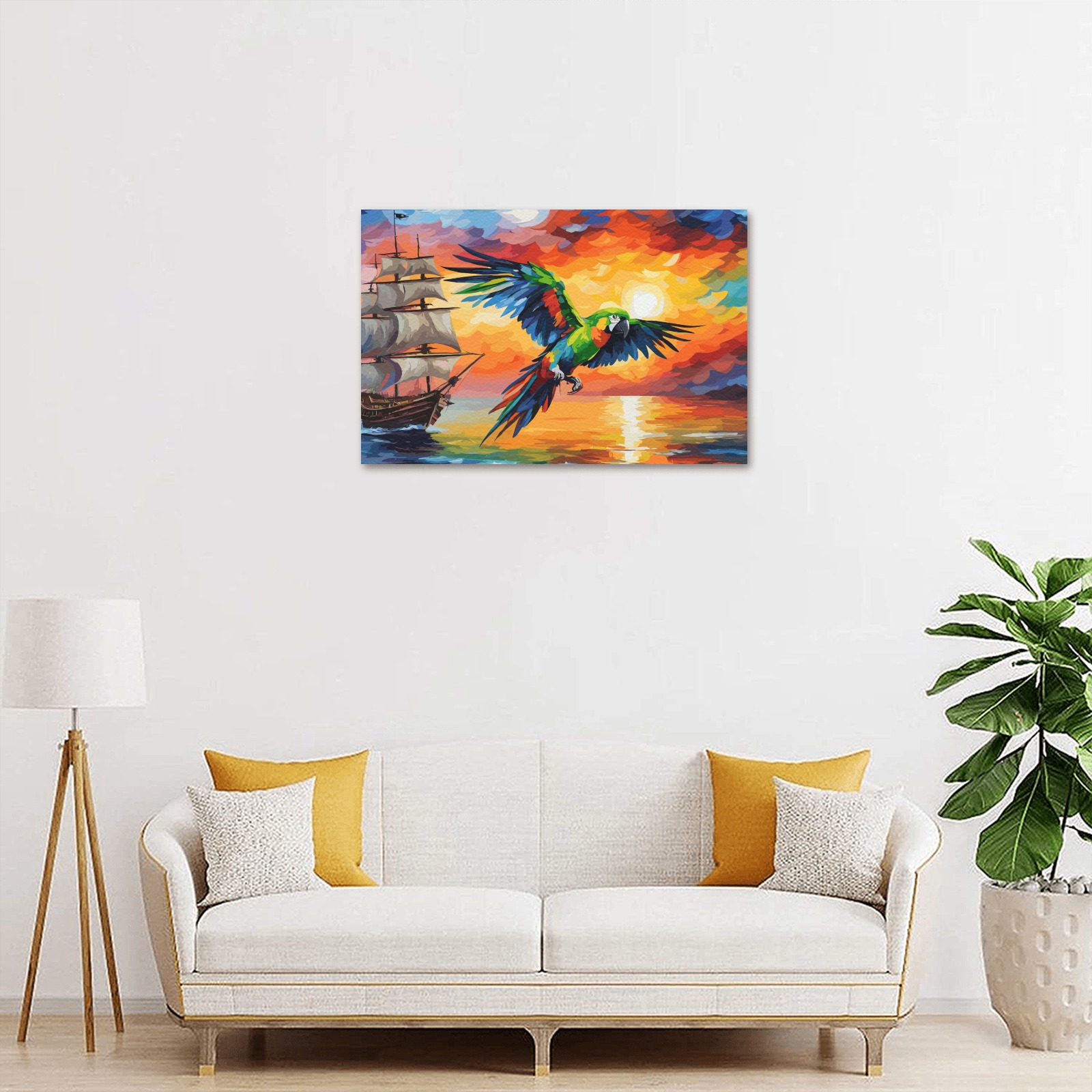 A parrot and a pirate ship. Dramatic ocean sunset. Upgraded Canvas Print 18"x12"