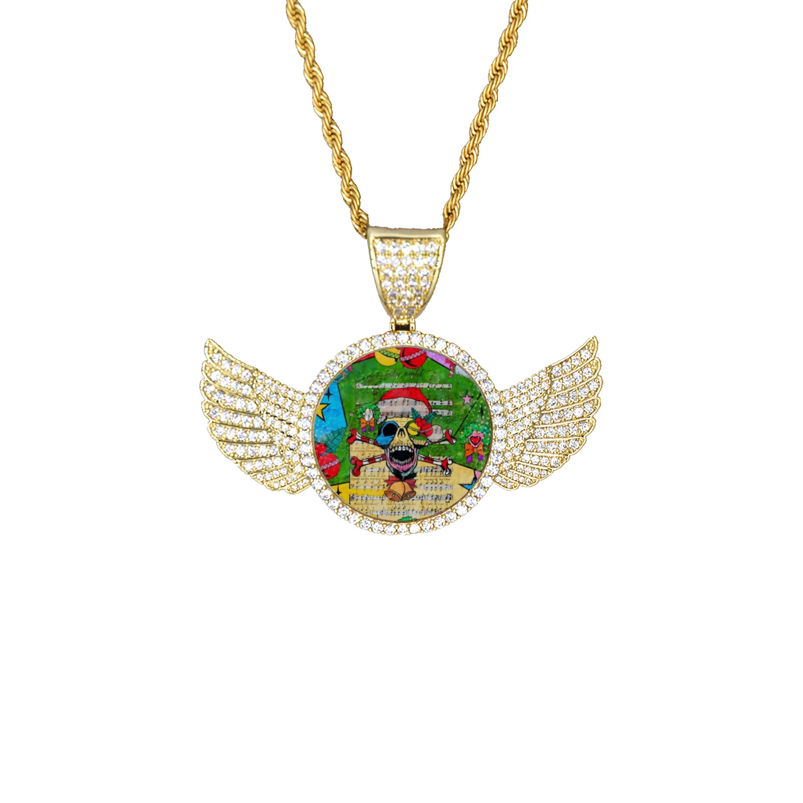 Christmas Skull by Nico Bielow Wings Gold Photo Pendant with Rope Chain
