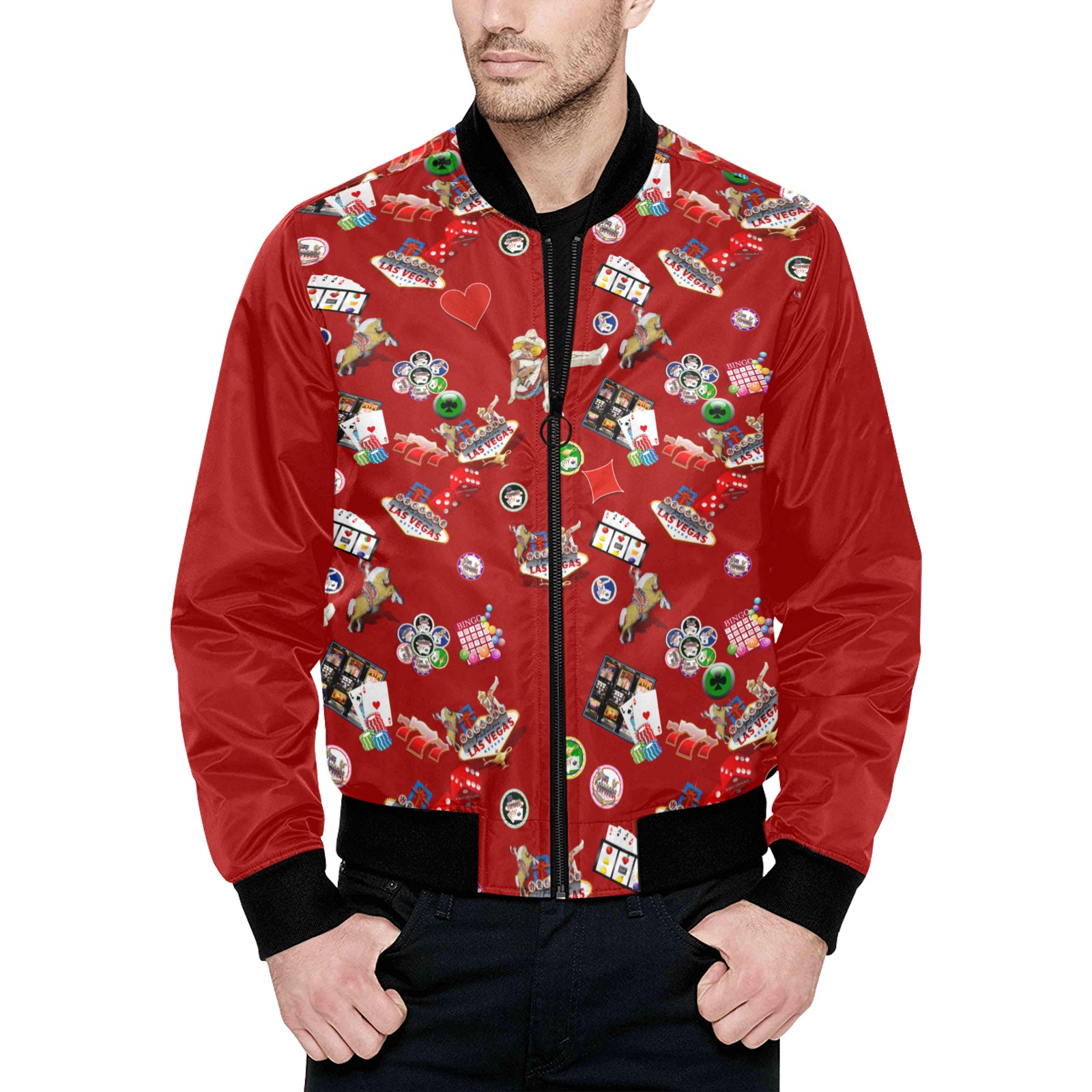 Famous Las Vegas Icons Red All Over Print Quilted Bomber Jacket for Men (Model H33)